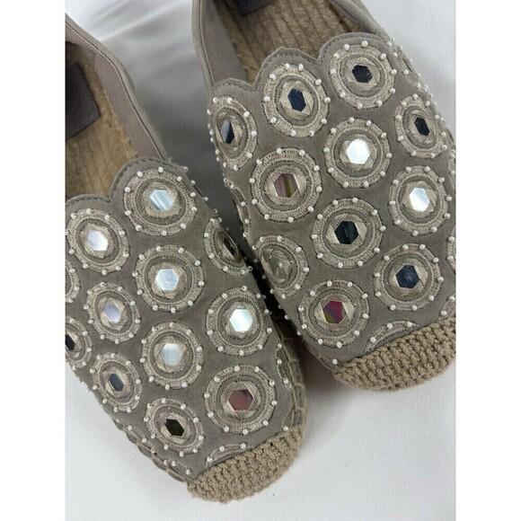 Tory Burch Yasmin Flats Espadrilles Grey Suede 7 Mirror Accents - Picture 9 of 11